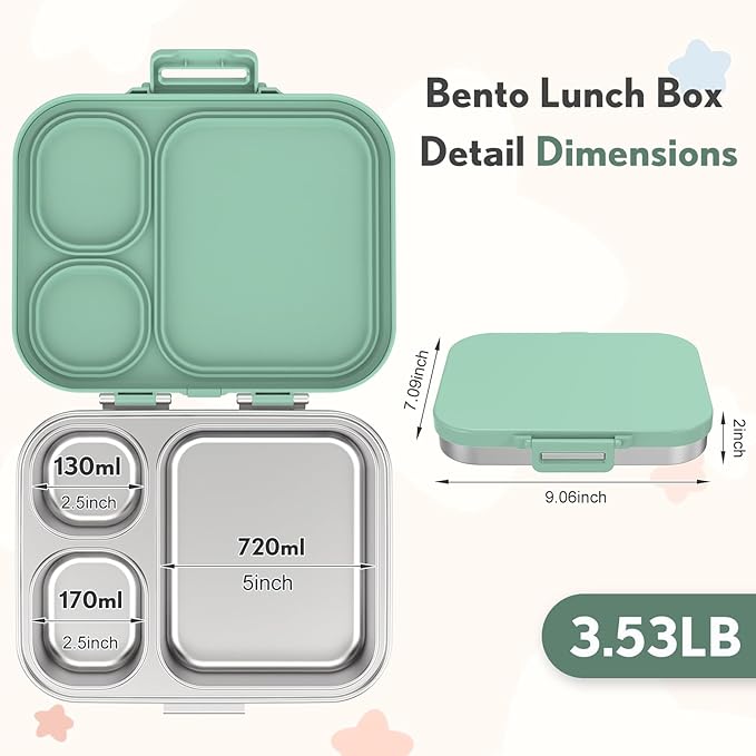 Stainless Steel Bento Box Kids, Leak Proof Metal Bento Lunch Box,3 Compartments 304 Stainless Steel Bento Lunch Containers for School and Office,Dishwasher Safe, BPA-Free(Green)