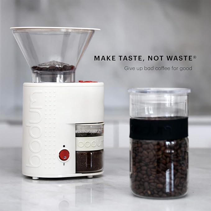 Bodum Bistro Electric Conical Burr Coffee Grinder, Preset Timer, 12 Grind Settings, White