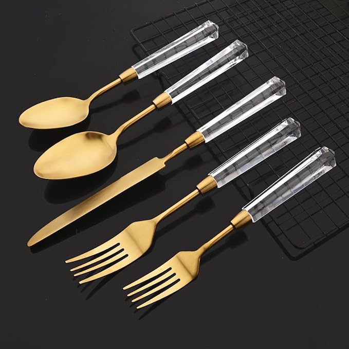 JASHII 5pcs Gold 304 Stainless Steel Flatware Cutlery Set with Transparent Acrylic Handle Diamond Shape, Matte Knife Fork Spoon Set, Dishwasher Safe for Home Wedding Hotel