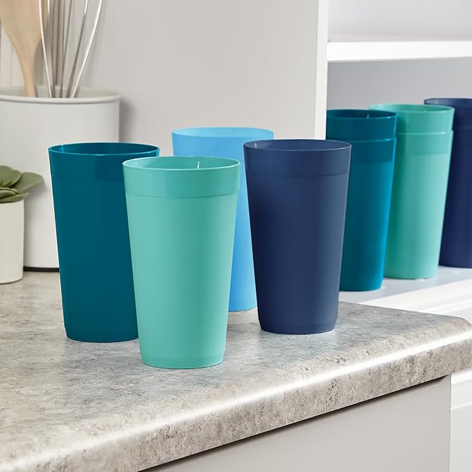 US Acrylic Newport 20 ounce Unbreakable Plastic Stackable Water Tumblers in 4 Coastal Colors | Set of 12 Drinking Cups | Reusable, BPA-free, Made in the USA, Top-rack Dishwasher and Microwave Safe