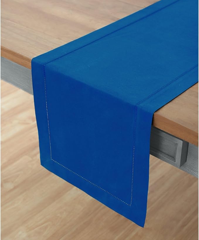 Solino Home Blue Hemstitch Table Runner 36 Inches - Cotton Linen Small Table Runner 14 x 36 Inch Ideal for Dresser and Coffee Tables - Summer