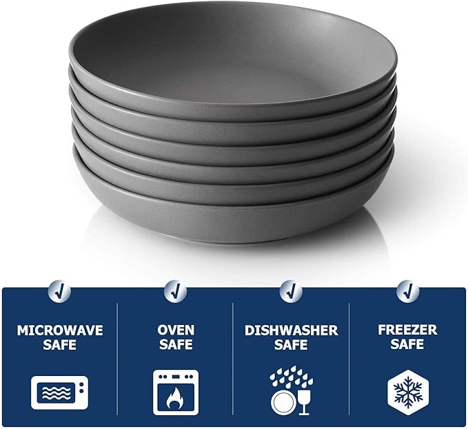 Y YHY Pasta Bowls Set of 6, Large Salad Serving Bowls, Porcelain Soup Bowls 30 Ounces, Wide and Flat, Microwave Dishwasher Safe, Matte Grey