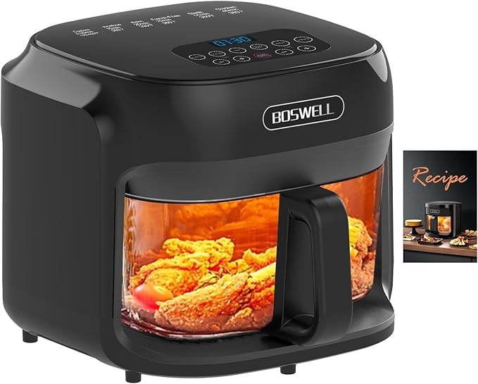BOSWELL Glass Air Fryer, 7.5QT with Transparent Fry Bowl, Circulating Heating, Temperature Control, Air Fryer Roast, Dishwasher Safe