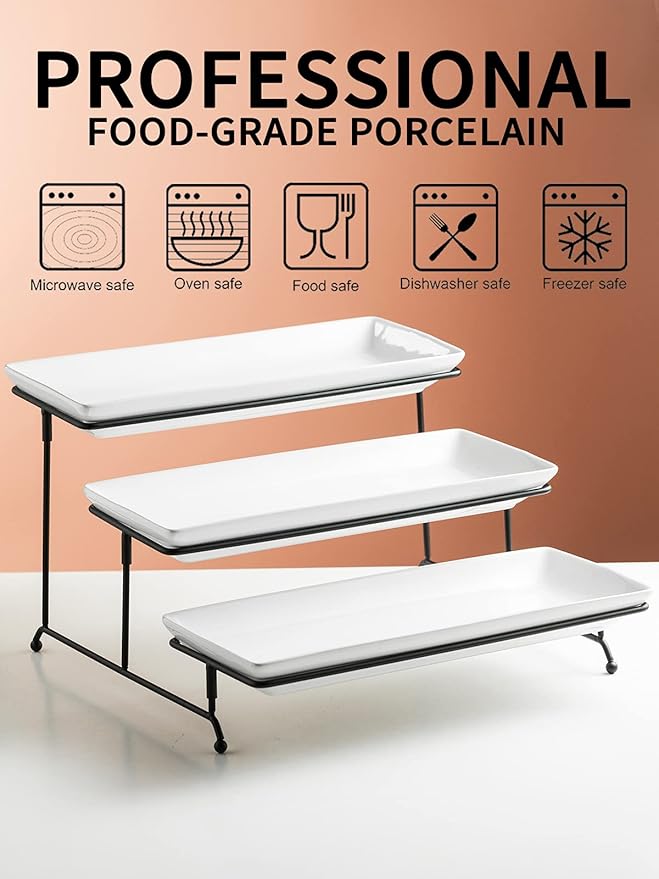 Gomakren 3 Tier Serving Trays Stand 14 Inches Serving Platters Rectangular Large Serving Plates for Party Display Set Collapsible Sturdier Rack, Christmas Serving Trays and Platters