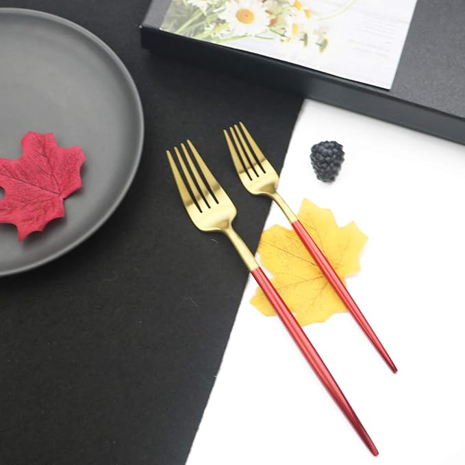 JASHII Luxury 18/10 Red Handle Flatware Gold Silverware Set 304 Stainless Steel Flatware Cutlery Set| 5-Piece Adaline Royal Modern Satin Finish| BEST Birthday Wedding Gift (Red Handle Matte Gold)