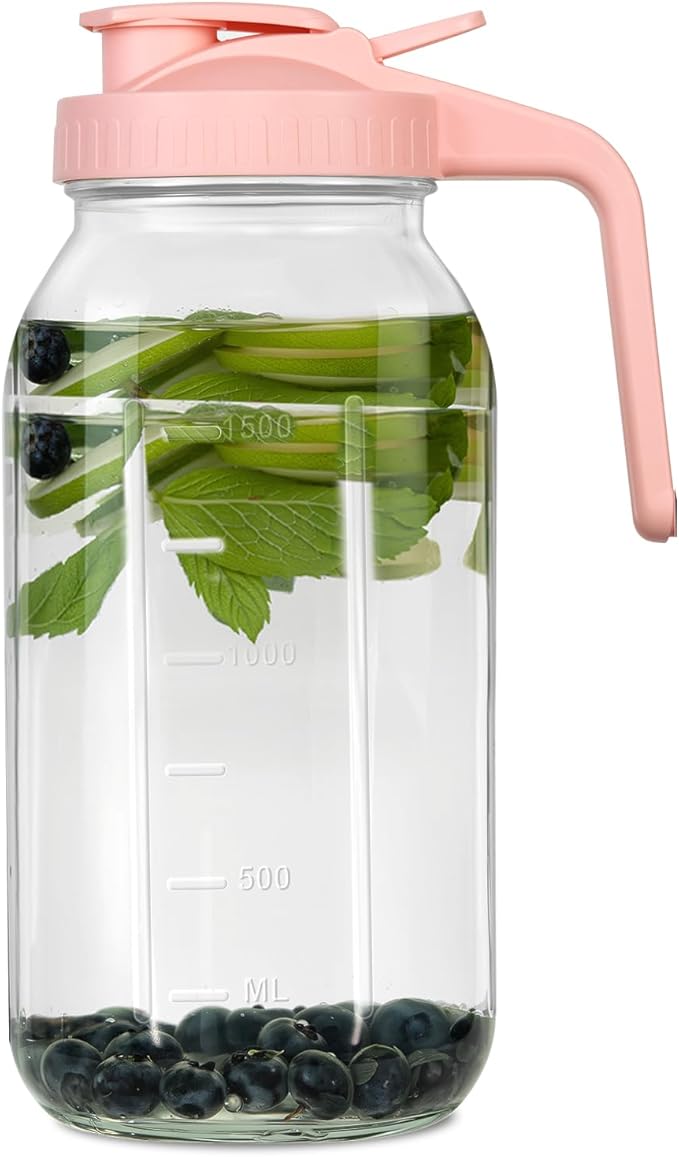 64 oz Glass Pitcher with Lid - 2 Quart Mason Jar Pitcher with Lid, Wide Mouth Airtight & Leakproof Glass Jar for Iced Tea, Juice, Breastmilk, Cold Brew, Sun Tea and Drinks