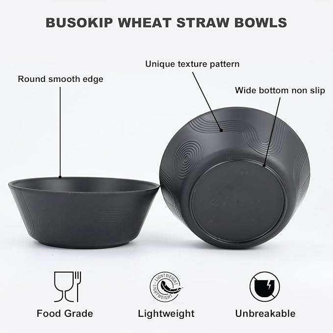 36 oz Large Cereal Bowls Set of 6, Alternative to Plastic Popcorn Bowls Reusable, Unbreakable Wheat Straw Bowls, Microwave Safe Large Cereal Bowl for Kitchen, Serving, Camping(Black)