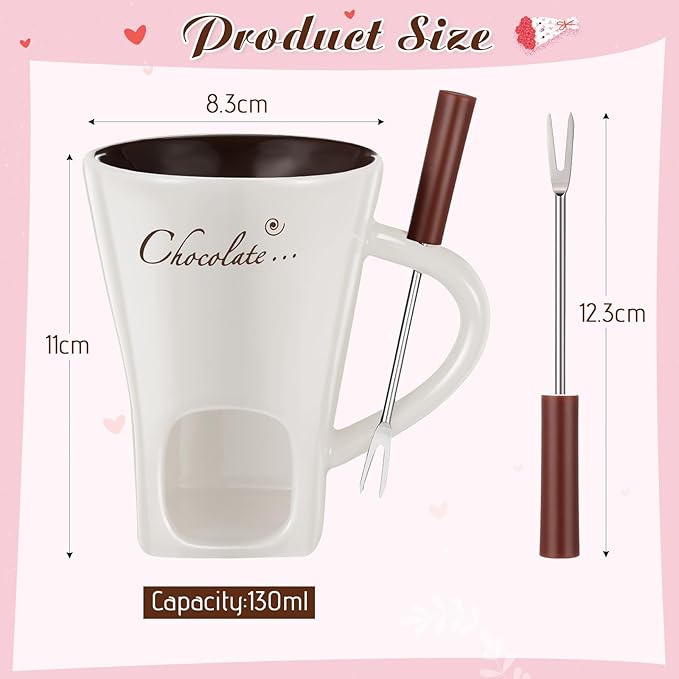 Honeydak Chocolate Fondue Mug with Fork and Candle Sweet Ceramic Personal Chocolate Melting Cup Chocolate Fondue Mug Ideal Gifts for Birthday Date Night Birthday Wedding Gifts (White)