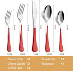 20-Piece Red Silverware Set 18/0 Stainless Steel Silverware Set Red Handle Cutlery Set Service for 4 Dinner Knives Forks Spoons Set Flatware Set Finish Dishwasher Safe