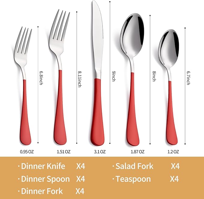 20-Piece Red Silverware Set 18/0 Stainless Steel Silverware Set Red Handle Cutlery Set Service for 4 Dinner Knives Forks Spoons Set Flatware Set Finish Dishwasher Safe