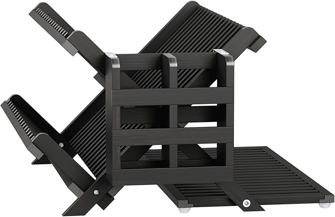 Greenual Black Bamboo Dish Drying Rack with Utensil Holder, 3 Tier Collapsible Dish Rack, Wooden Dish Racks for Kitchen Counter, Large Folding Drying Holder with Absorbent Dish Drying Mat