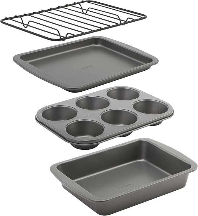GoodCook 4-Piece Nonstick Steel Toaster Oven Set with Sheet Pan, Rack, Cake Pan, and Muffin Pan, Gray, 4-Piece Set Distributes Heat Evenly, Nonstick Coating, Dishwasher-Safe