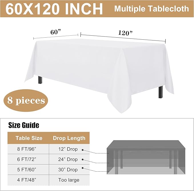 sancua 8 Pack White Tablecloth 60 x 120 Inch, Rectangle Table Cloth for 8 Feet Tables - Stain and Wrinkle Resistant Washable Polyester Table Cover for Dining Tables, Buffet Parties and Camping