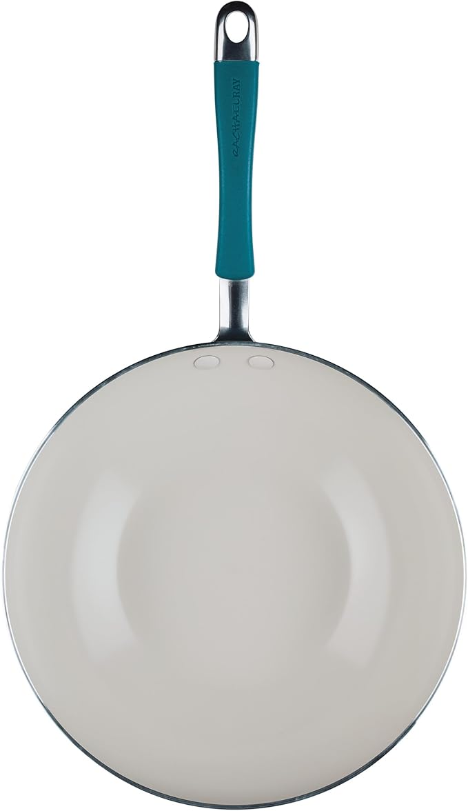 Rachael Ray Cucina Ceramic Nonstick Stir Fry Pan and Lid, 11 Inch Non Stick Wok Pan, Dishwasher Safe - Marine Blue