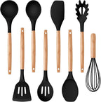 P&P CHEF Silicone Cooking Utensils Set, 8-Piece Kitchen Cooking Utensil with Wooden Handle, Silicone Spatula for Nonstick Cookware, Heat-proof & Easy Clean, Black
