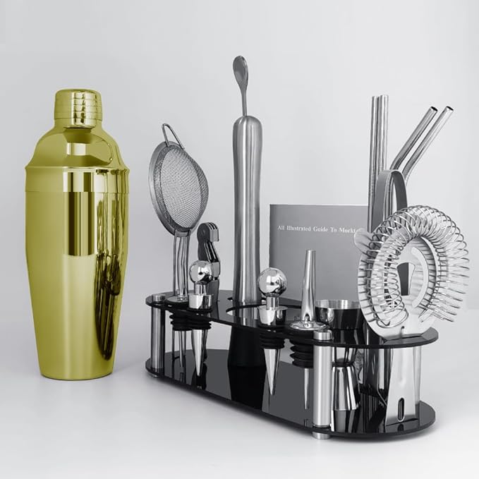 Cocktail Shaker Set Bartender Kit with Stand - 16 Piece Bar Tool Set Drink Mixer Set Includes : 25oz Shakers, Jigger, Strainer, Mixer Spoon, Muddler, Liquor Pourers, Straw (Gold)