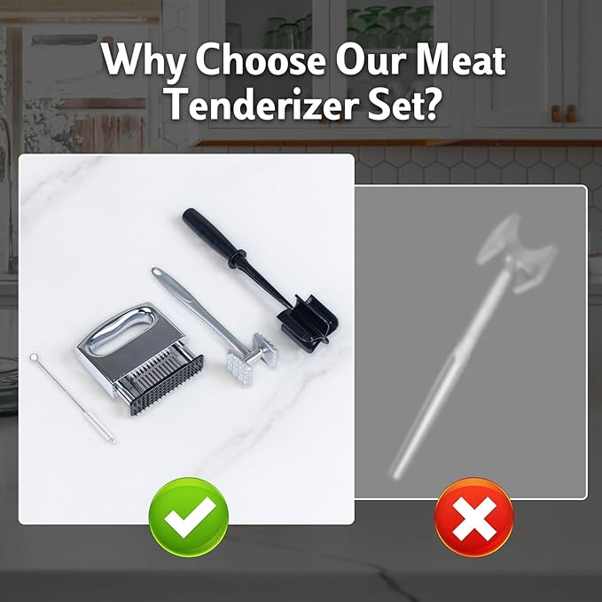 4-Piece Meat Tenderizer Tool – Includes Textured Meat Tenderizer Hammer, Stainless Steel Needle Tenderizer, ABS Mixing Stick & Cleaning Brush – 4-Piece Duty Kitchen Accessories for Steak & Chicken