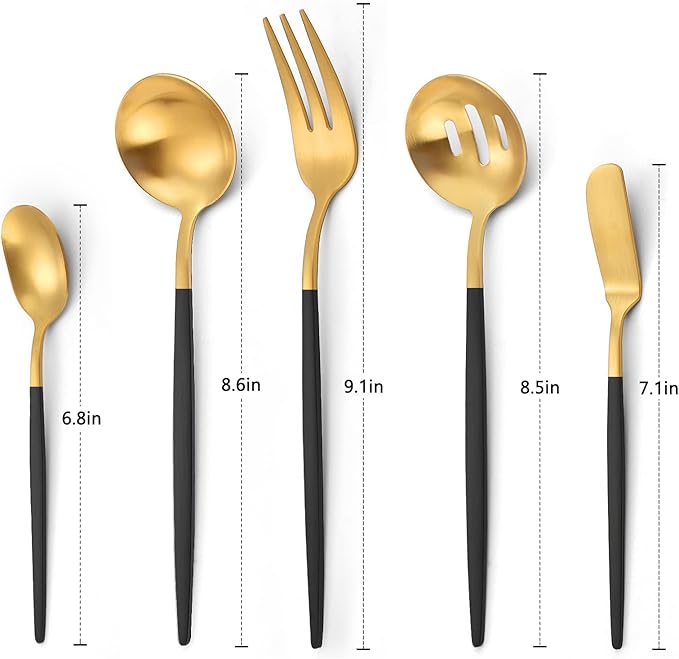 Matte Black Gold Serving Silverware Set, 5-Piece Round Shared Utensils Set of Stainless Steel, Hostess Flatware Serving Set, Satin Finish, Dishwasher Safe