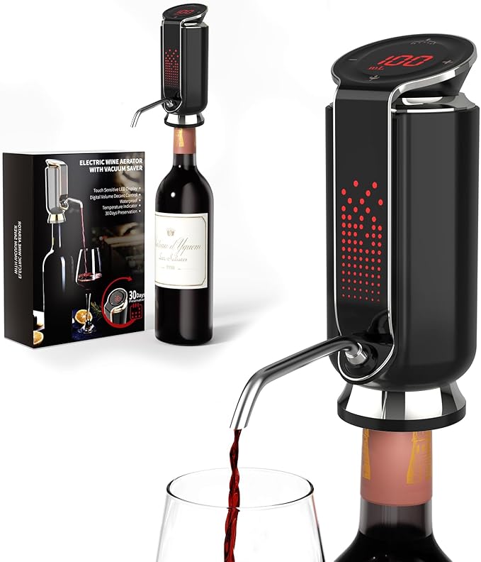 Luxurious 3-in-1 Electric Wine Aerator, Decanter, Dispenser & Vacuum Pump. Touch Screen LED Display - Wine Preservation System with Temp Monitor, Gift for Wine Lovers Women Men (Black/Silver)
