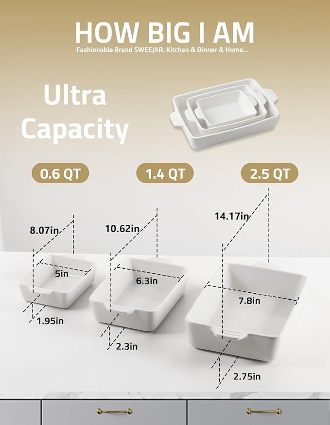 Sweejar Ceramic Bakeware Set, Rectangular Baking Dish for Oven Lasagna Pans for Cooking, Kitchen, Cake Dinner, Banquet and Daily Use, 11.8 x 7.8 x 2.76 Inches of Casserole Dishes (White)
