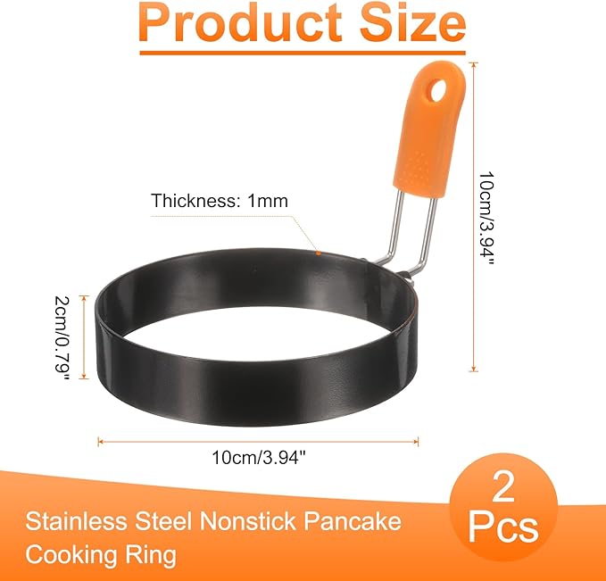 HARFINGTON 2Pcs Egg Rings 4" Stainless Steel Nonstick Pancake Cooking Ring with Silicone Handle for Griddle Frying Eggs Sandwich Omelets Breakfast