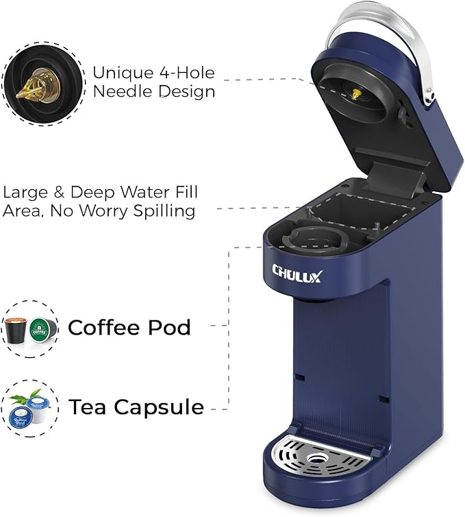 CHULUX Slim Single Serve Coffee Maker for K Pods, One Cup Coffee Maker Fits 7.3" Travel Mugs, Coffee Machine with 6 to 12oz Brew Sizes, Navy Blue