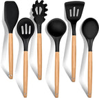 E-far Cooking Utensils Set of 6, Silicone Kitchen Utensils with Wooden Handle, Non-stick Cookware Friendly & Heat Resistant, Includes Spatula/Ladle/Slotted Turner/Serving Spoon/Spaghetti Server(Black)