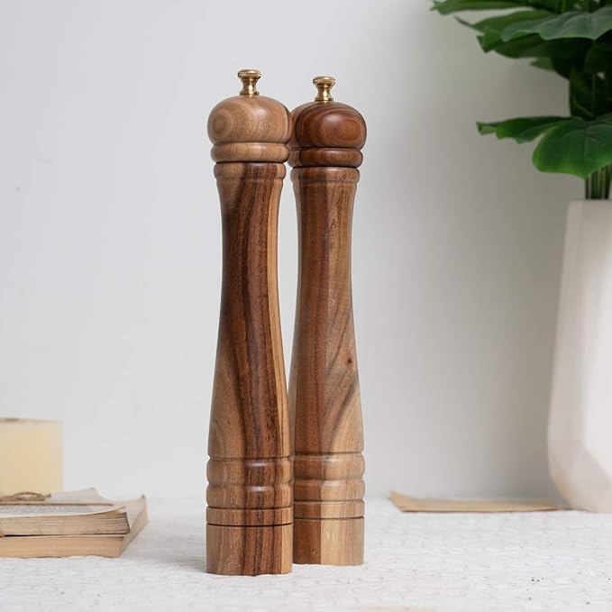 Salt and Pepper Mill Set, Pepper Grinder with Adjustable Stainless Steel Grinder, Salt Grinder with Ceramic Grinder, Acacia Wood, Height 30 cm / 12 inch