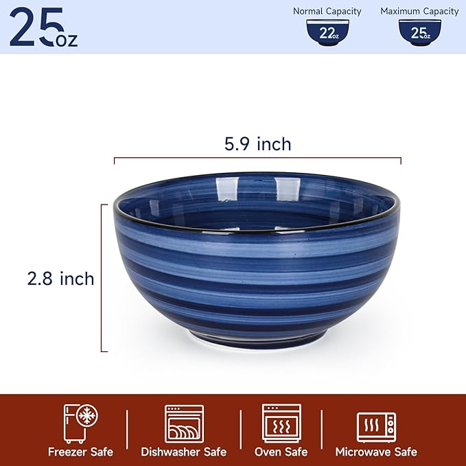 KitchenTour 24 OZ Cereal Bowls Set of 6, Ceramic Soup Bowls for Kitchen, 5.9 Inch Colorful Serving Bowls for Oatmeal, Salad, Pasta, Dessert - Microwave & Dishwasher Safe, Assorted Cool Colors