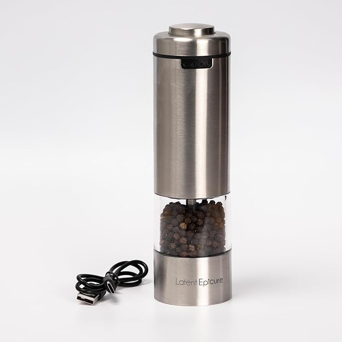 USB-C Electric Salt and Pepper Grinder (SINGLE) - Stainless Steel Salt, Pepper or Spice Mill with LED Light - One Handed Operation Adjustable Ceramic Grinders