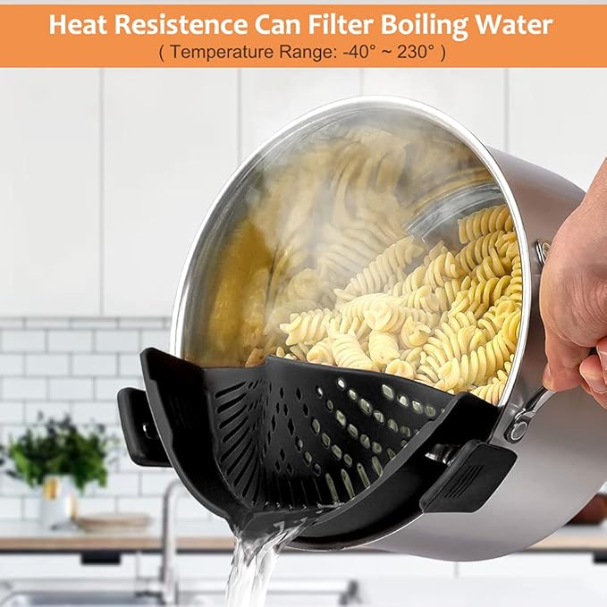 2 PACK Clip on Strainer for Pots Pan Pasta Strainer, Silicone Food Strainer Hands-Free Pan Strainer, Clip-on Kitchen trainer for Spaghetti, Pasta, Ground Beef Fits All Bowls and Pots