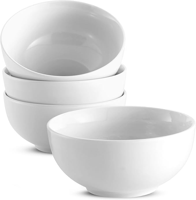 KooK Ceramic Soup Bowls, Cereal Bowl, Microwave, Dishwasher and Freezer Safe, Porcelain Dishes for Pasta, Salad, Oatmeal, Deep Interior, 20 oz, Set of 4, Marshmallow White