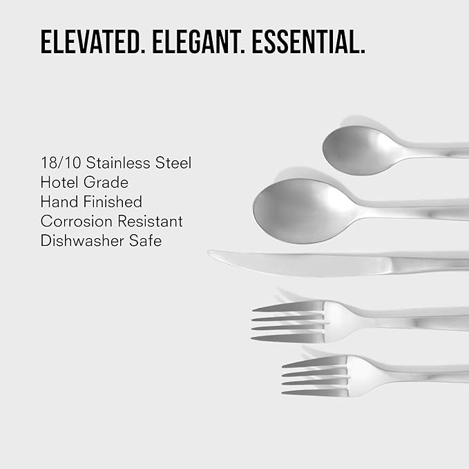 Public Goods 18/10 Stainless Steel Forged Flatware Set | Heavy Duty Silverware | Dishwasher Safe | 20 Piece Set | 4 Salad Forks, 4 Dinner Forks, 4 Dinner Knives, 4 Table Spoons, and 4 Tea Spoons