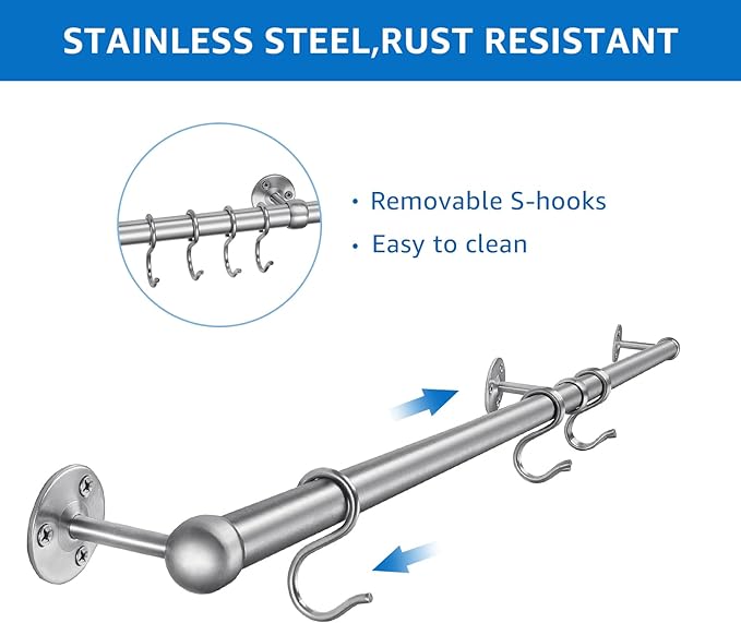 ROTHLEY Hanging Pot Rack Hanger: 39.4 Inch Stainless Steel Pot and Pan Hanger Pot Rack Wall Mounted Hanging Pots and Pans Rack Pot Hangers for Kitchen Wall Kitchen Rail with Hooks (Brushed)