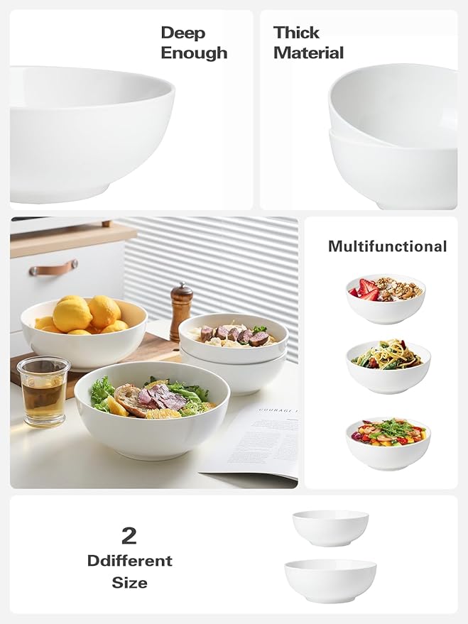 Kanwone Large Serving Bowls - 55 Ounce, Porcelain Salad Bowls, Pasta, Ceramic Soup Bowls, Set of 2, Serving Dishes for Entertaining, Housewarming Gift, Microwave and Dishwasher Safe, White