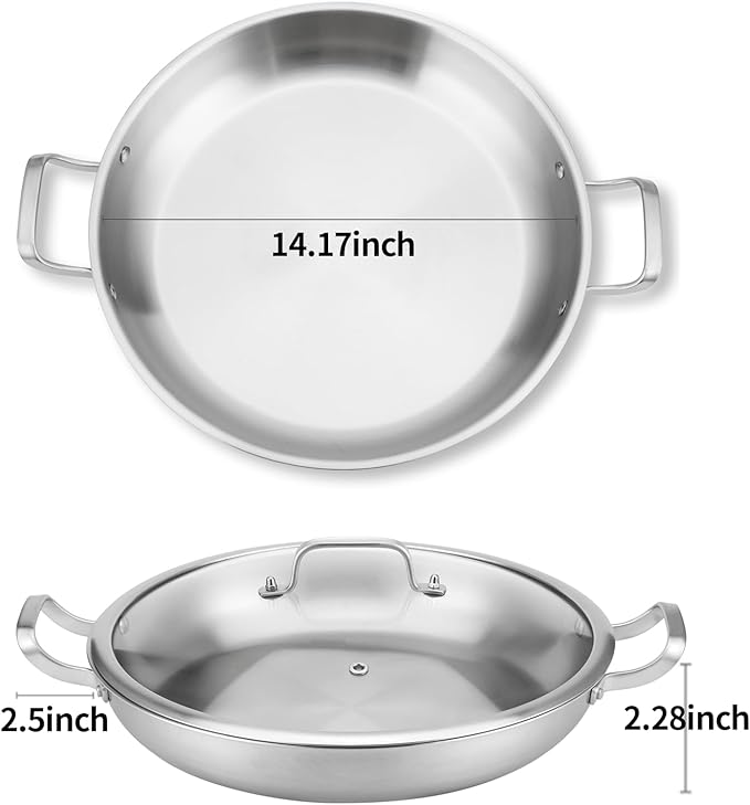 DELARLO 13 Inch Tri-Ply Stainless Steel Paella Pan With Lid, Big Frying Pan, kitchen Induction Large Skillets,Great for Paella Parties Indoors Outdoors,Heavy Duty Style