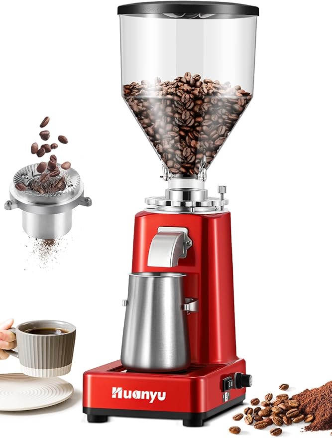 Huanyu Coffee Grinder Electric Adjustable Flat Burr Mill with 19 Precise Grind Setting 35OZ 36Cups Coffee Bean Grinding Machine Upgrade Automatic Point-action for Espresso French Press Red