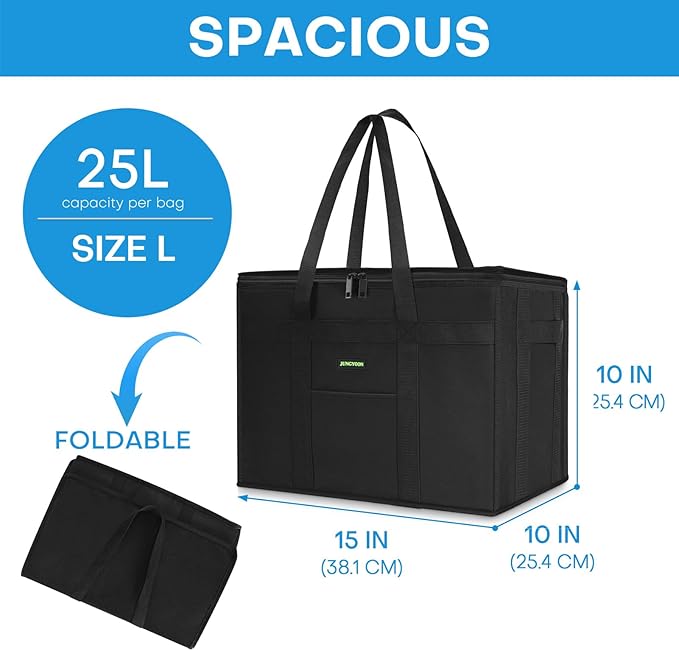 JUNGYOON Heavy-Duty Insulated Grocery Bags & Food Delivery Bag – Collapsible Cooler Bag with Zippered Top | Reusable Picnic Basket for Groceries, Picnics, Easy Storage (L Black)