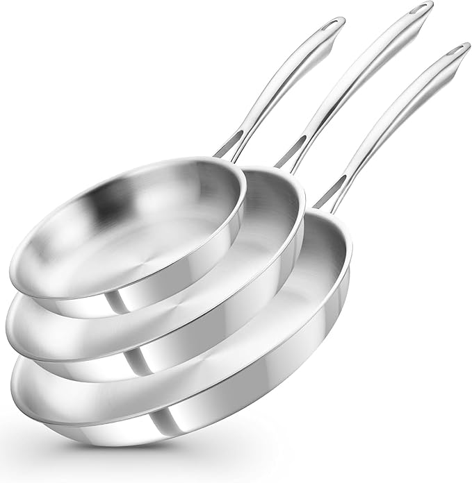 KOCH SYSTEME CS Stainless Steel Pan Set of 3, 8"&10"&12" Tri-Ply Stainless Steel Frying Pan Set with Stay-Cool Handle, Non-Toxic Staninless Steel Skillet, Fast & Even Heat Induction Compatible