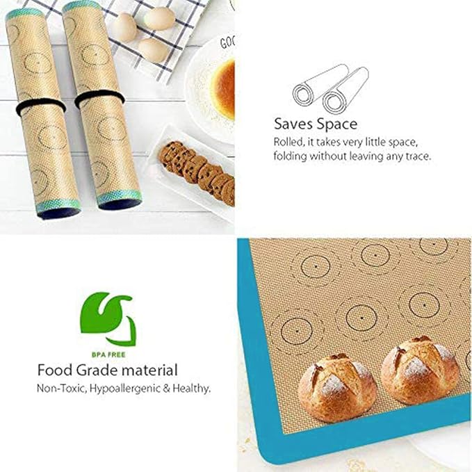 Macaron Silicone Baking Mat - Set of 2 Non Stick Silicon Macaroon Baking Sheet Cookie Liner(BPA Free/Reusable/Half Sheet),Perfect Cooking Kit for Macarons,Pastry,Cake and Bread Making (Blue)