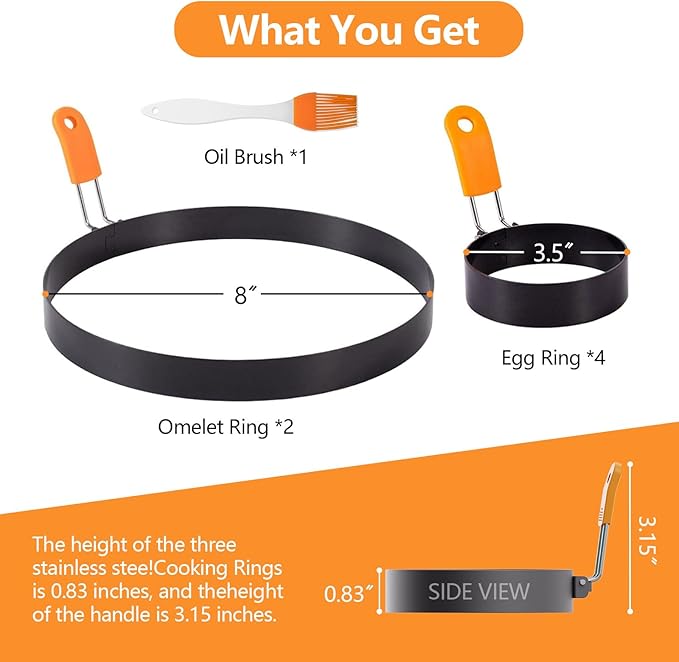 6 Pcs Professional Egg Ring Set, Non-stick Griddle Omelette Ring, Pancake Molds with Oil Brush,Stainless Fried Egg Molds with Orange Anti-scald Silicone Handle