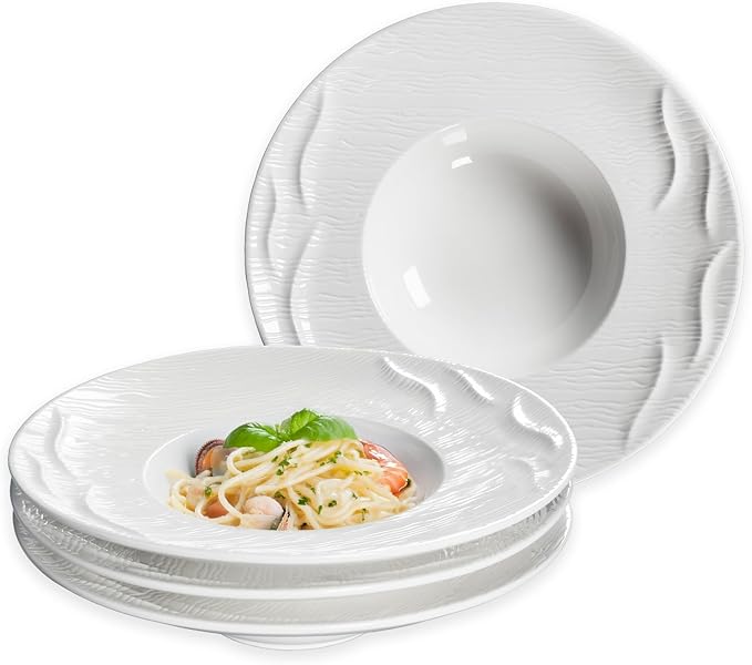 Ceramics Rimmed Soup bowls Set of 4, Embossed Wide Rim Small Mouth Pasta Plates 10.2 OZ/300 ml, Microwave Dishwasher Safe, for high end restaurants and best choice for gourmets, 9.45 Inch