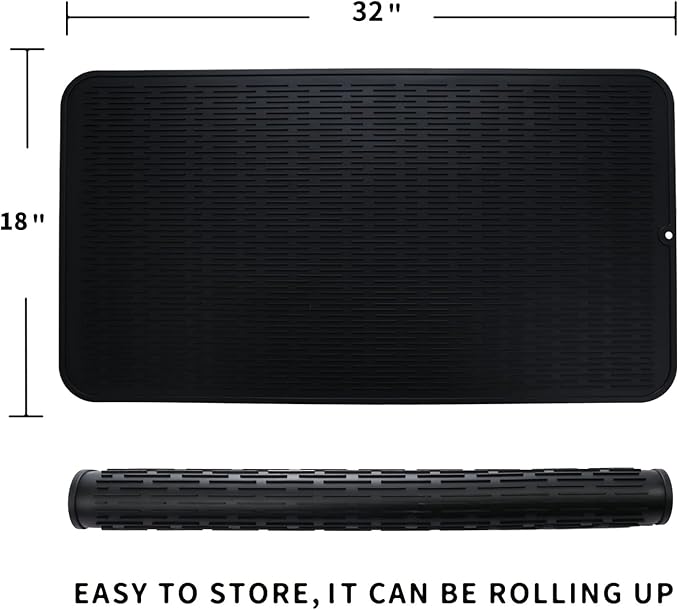 Silicone Dish Drying Mat for Multiple Usage,Easy clean,Eco-friendly,Heat-resistant Silicone Mat for Kitchen Counter or Sink,Refrigerator or Drawer Liner Black 4XL 32 inches x 18 inches