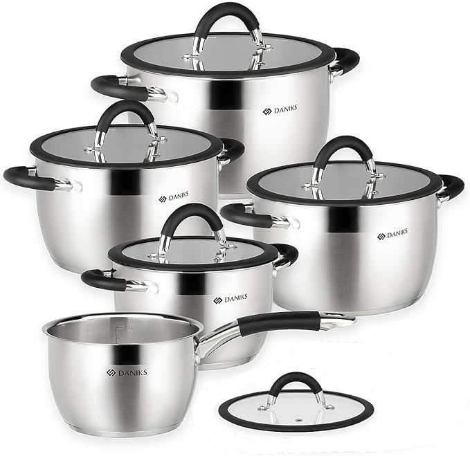 Daniks Orlando 10-Piece Stainless Steel Induction Cookware Set – Dishwasher Safe Saucepan, Pots with Heatproof Handles, Glass Lids, Measuring Scale, Silver