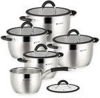 Daniks Orlando 10-Piece Stainless Steel Induction Cookware Set – Dishwasher Safe Saucepan, Pots with Heatproof Handles, Glass Lids, Measuring Scale, Silver
