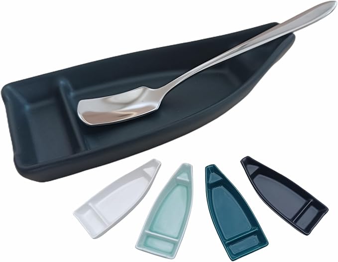 Coffee Stirring Spoon and Rest for Coffee Bar Accessories, Small Spoon Rest for Coffee Station, Coffee Spoon Holder for Coffee Bar Tea Spoon Teaspoon Rest, 1 PC (Oar Spoon with Retro Black Boat Rest)