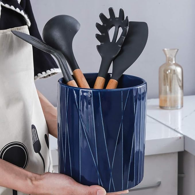 KOOV Kitchen Utensil Holder, Large Ceramic Utensil Crock, Deep and Stable, Containers for Household or Kitchen Use (Aegean)
