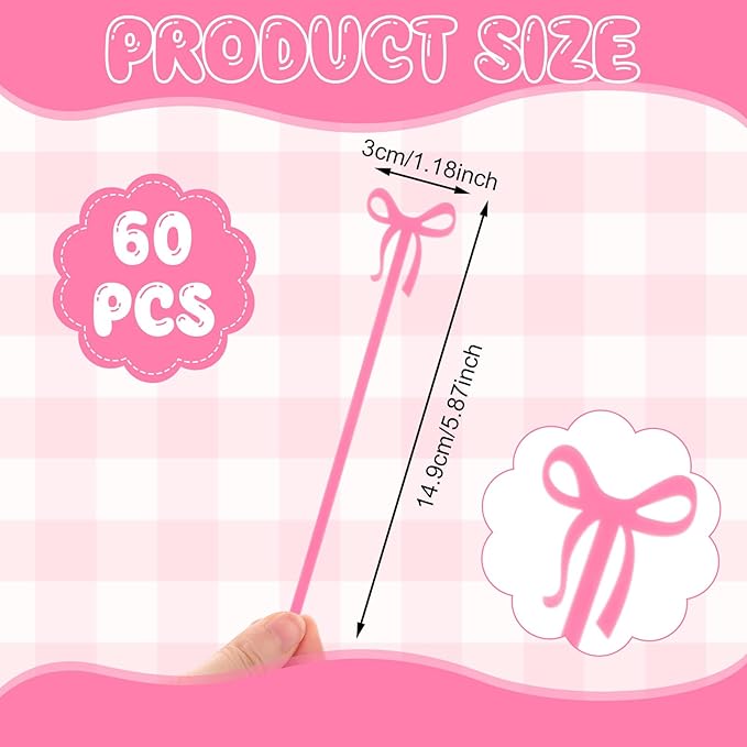 60Pcs Coquette Bow Acrylic Drink Stirrers Pink Cocktail Stick Cocktail Coffee Drink Stirrers Lolipop Stick for Coquette Birthday Party Girly Ribbon Bachelorette Party Bridal Wedding Decor