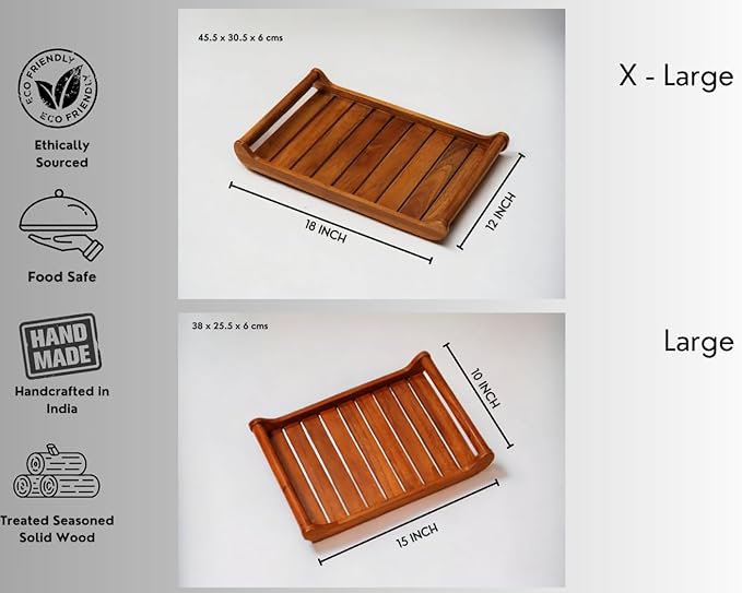 Set of 2 Romper Teak Wood Rectangular Serving Tray for Home/Kitchen/Restaurant/Office Organizer/Dining Table|Premium Wooden Trays| 18 X 12 ; 15 x 10 inches | Handcrafted in India