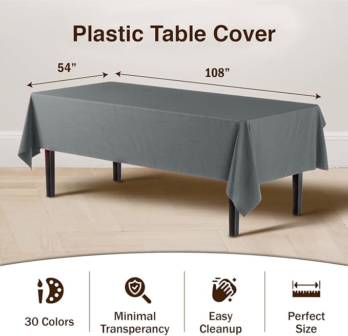 Exquisite 12-Pack Premium Plastic Tablecloth 54 Inch. x 108 Inch. Rectangle Table Cover - Silver
